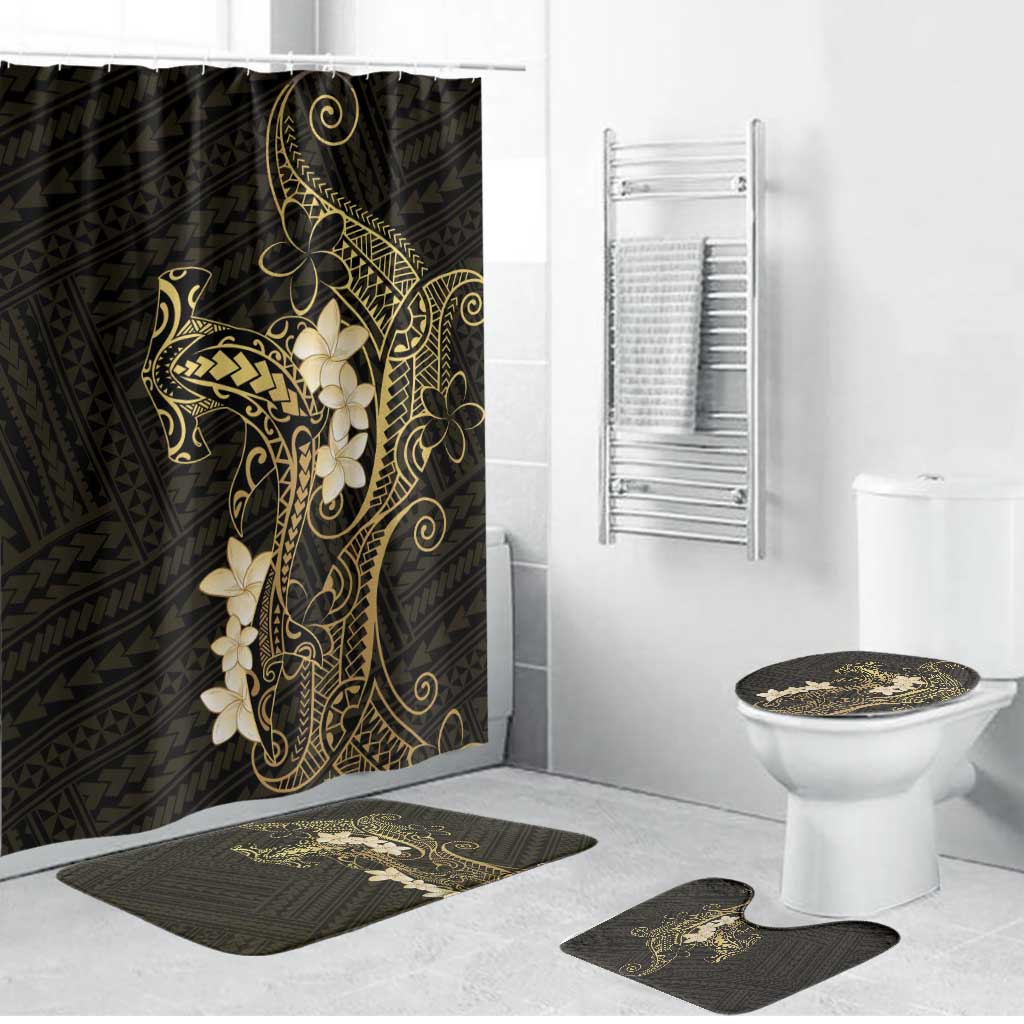 Black and Gold Hawaii Bathroom Set Hammerhead Shark Tattoo Curve Polynesian - Polynesian Pride