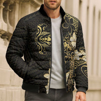 Black and Gold Hawaii Bomber Puffer Jacket Hammerhead Shark Tattoo Curve Polynesian - Polynesian Pride