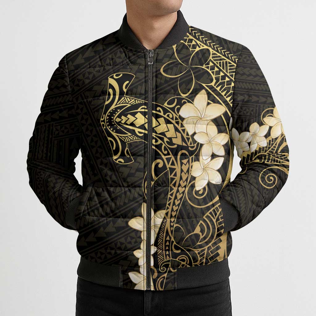 Black and Gold Hawaii Bomber Puffer Jacket Hammerhead Shark Tattoo Curve Polynesian - Polynesian Pride