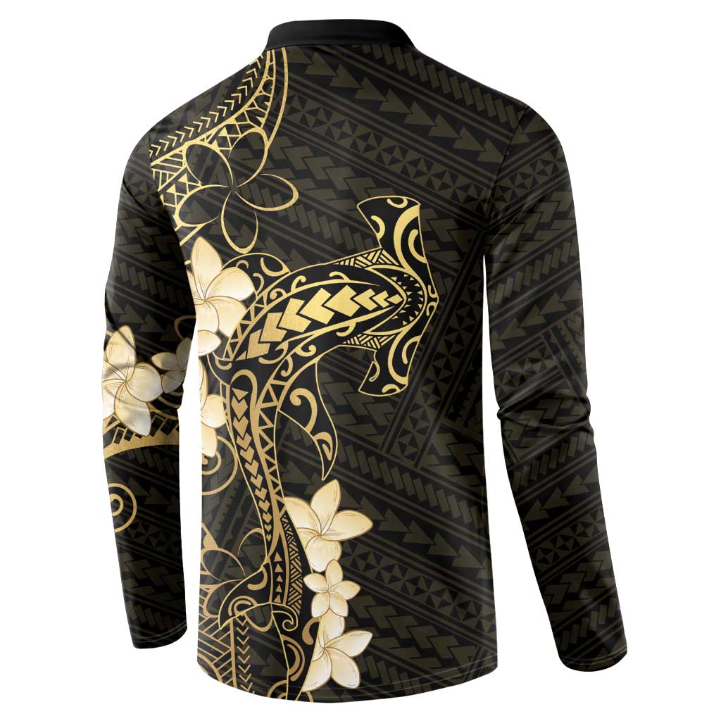 Black and Gold Hawaii Button Sweatshirt Hammerhead Shark Tattoo Curve Polynesian - Polynesian Pride