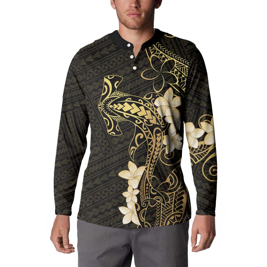 Black and Gold Hawaii Button Sweatshirt Hammerhead Shark Tattoo Curve Polynesian - Polynesian Pride