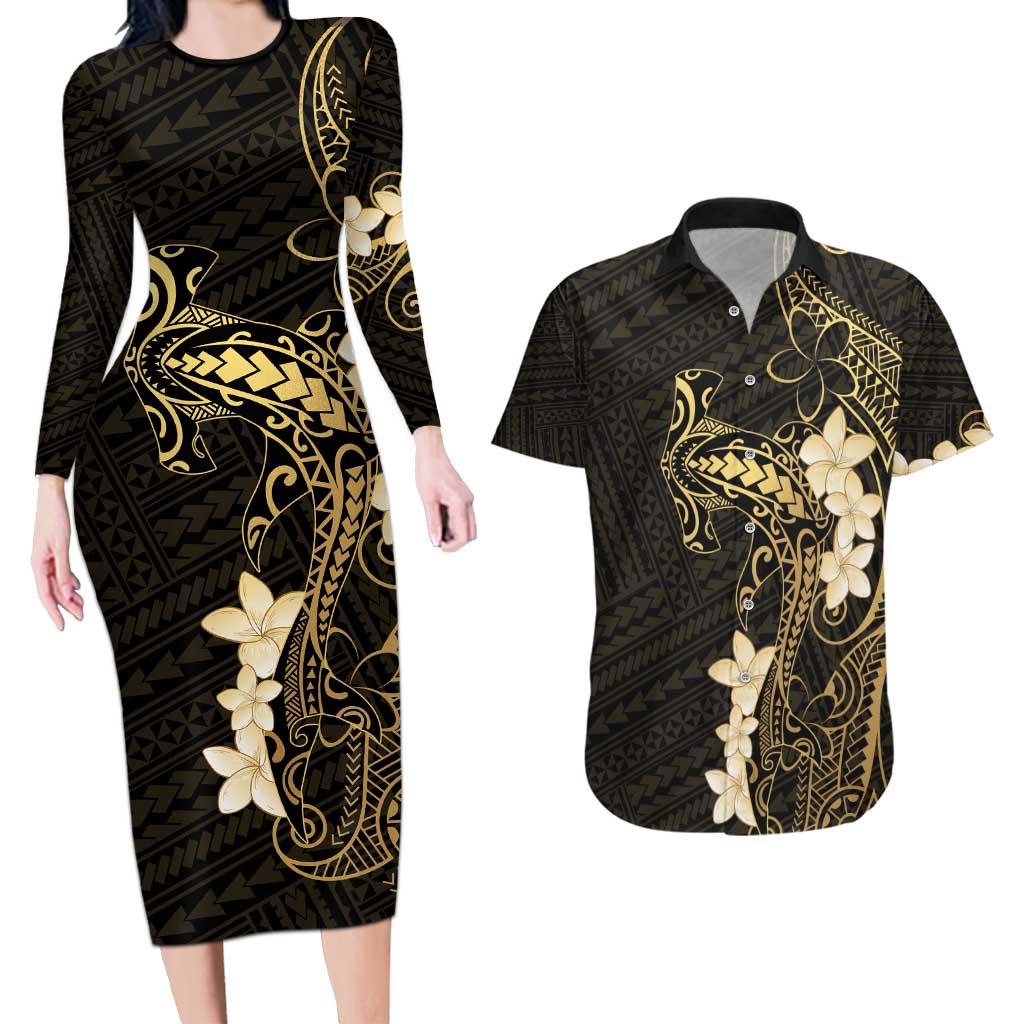 Black and Gold Hawaii Couples Matching Long Sleeve Bodycon Dress and Hawaiian Shirt Hammerhead Shark Tattoo Curve Polynesian - Polynesian Pride
