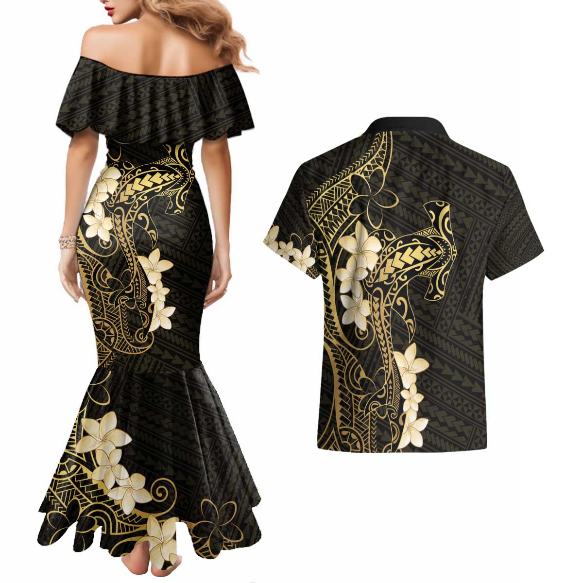Black and Gold Hawaii Couples Matching Mermaid Dress and Hawaiian Shirt Hammerhead Shark Tattoo Curve Polynesian - Polynesian Pride