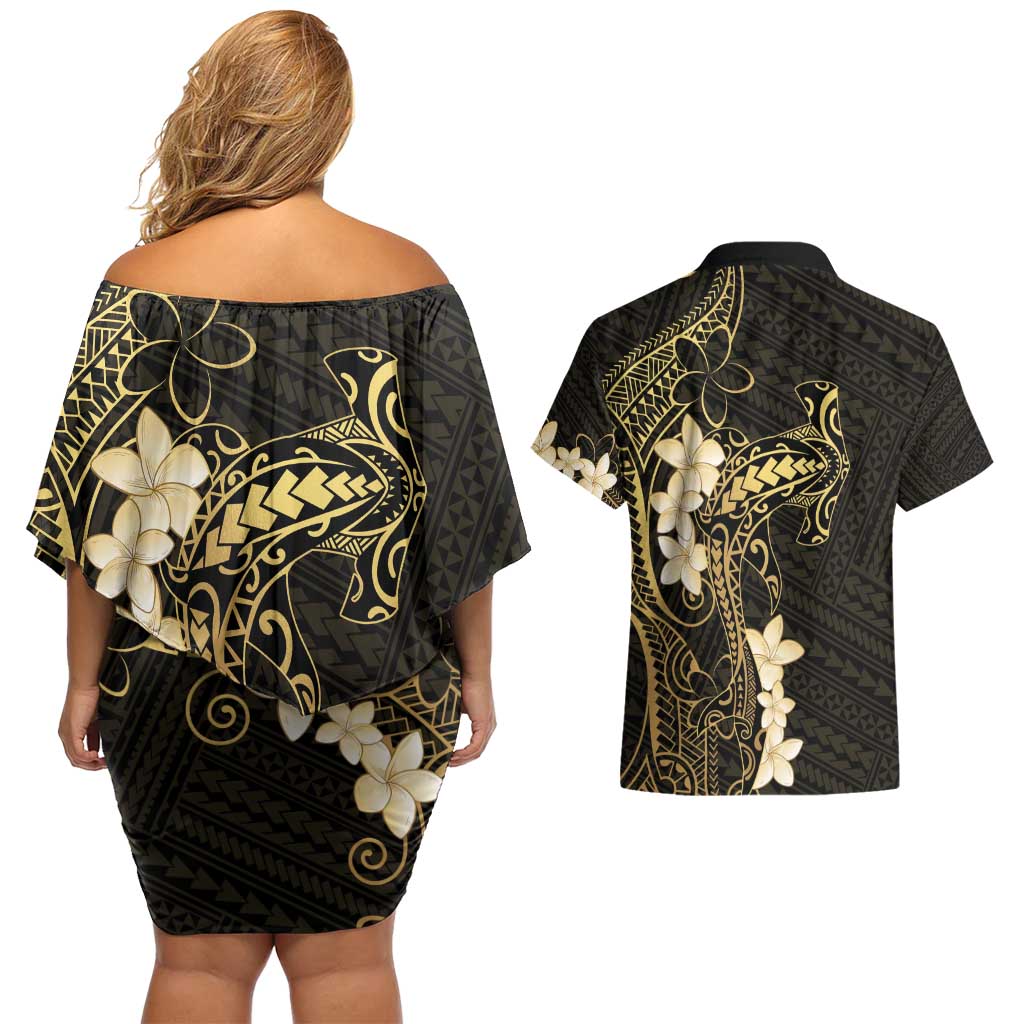 Black and Gold Hawaii Couples Matching Off Shoulder Short Dress and Hawaiian Shirt Hammerhead Shark Tattoo Curve Polynesian - Polynesian Pride