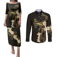 Black and Gold Hawaii Couples Matching Puletasi and Long Sleeve Button Shirt Hammerhead Shark Tattoo Curve Polynesian - Polynesian Pride