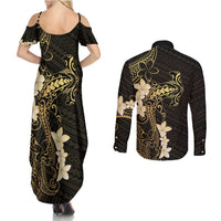 Black and Gold Hawaii Couples Matching Summer Maxi Dress and Long Sleeve Button Shirt Hammerhead Shark Tattoo Curve Polynesian - Polynesian Pride