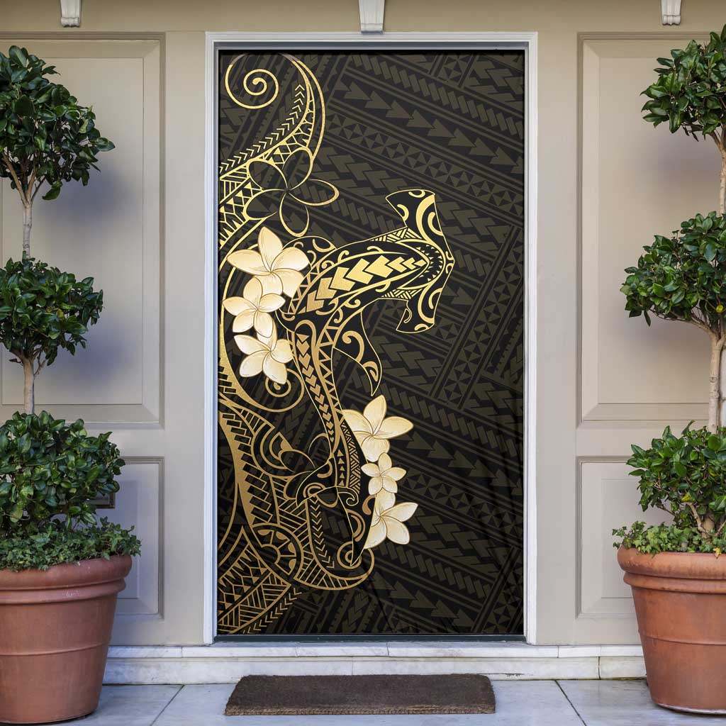 Black and Gold Hawaii Door Cover Hammerhead Shark Tattoo Curve Polynesian - Polynesian Pride