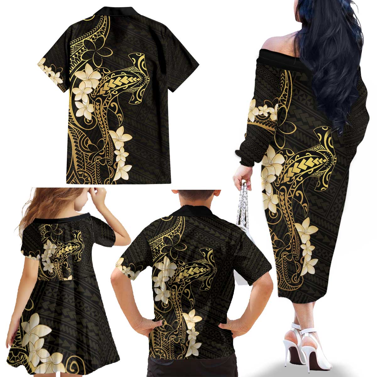 Black and Gold Hawaii Family Matching Off The Shoulder Long Sleeve Dress and Hawaiian Shirt Hammerhead Shark Tattoo Curve Polynesian - Polynesian Pride