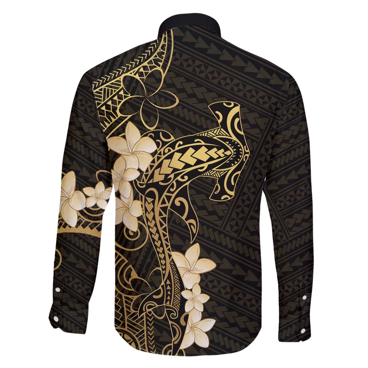 Black and Gold Hawaii Family Matching Off The Shoulder Long Sleeve Dress and Hawaiian Shirt Hammerhead Shark Tattoo Curve Polynesian - Polynesian Pride