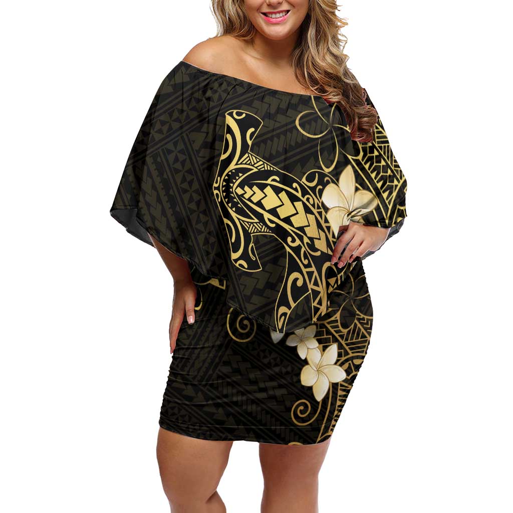 Black and Gold Hawaii Family Matching Off Shoulder Short Dress and Hawaiian Shirt Hammerhead Shark Tattoo Curve Polynesian - Polynesian Pride
