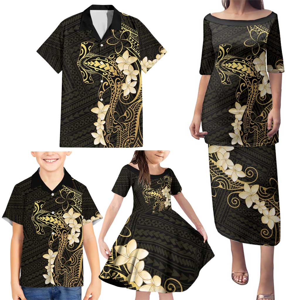 Black and Gold Hawaii Family Matching Puletasi and Hawaiian Shirt Hammerhead Shark Tattoo Curve Polynesian - Polynesian Pride