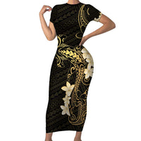 Black and Gold Hawaii Family Matching Short Sleeve Bodycon Dress and Hawaiian Shirt Hammerhead Shark Tattoo Curve Polynesian - Polynesian Pride