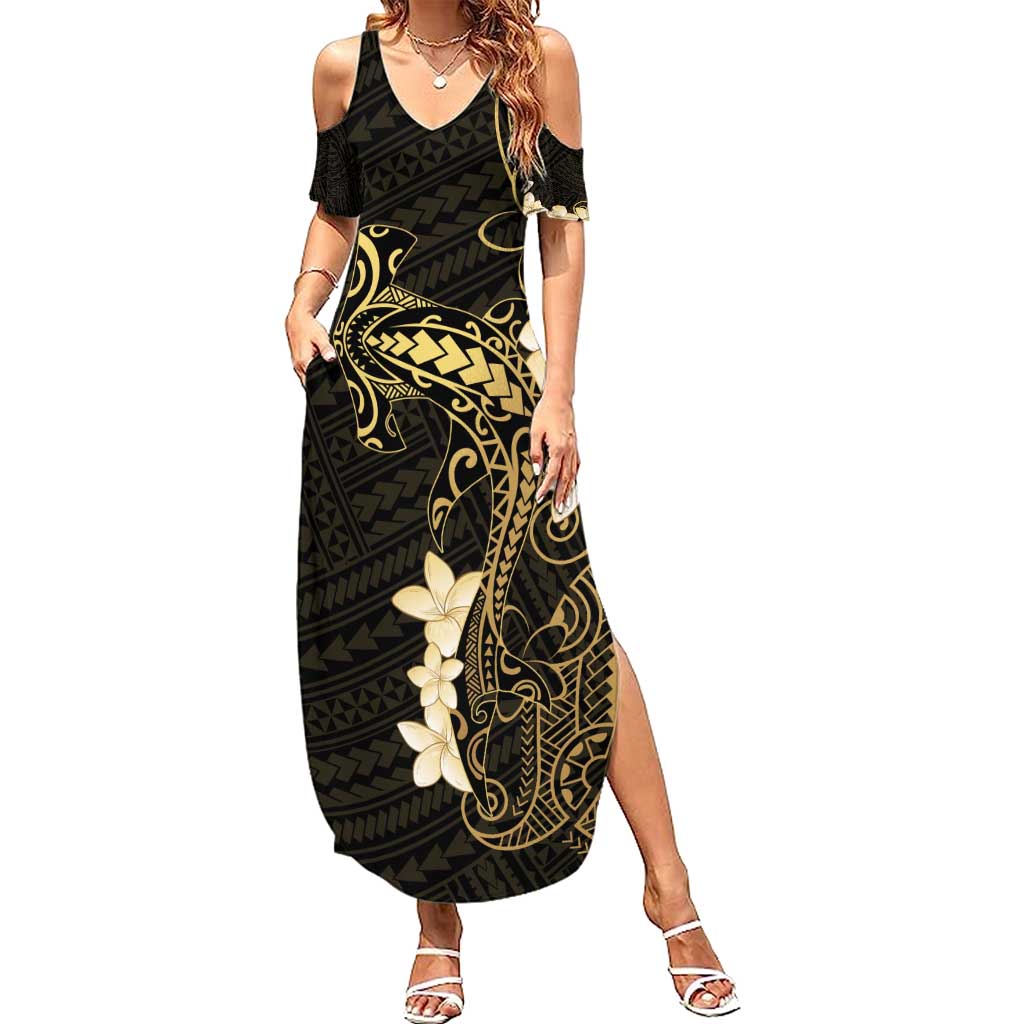 Black and Gold Hawaii Family Matching Summer Maxi Dress and Hawaiian Shirt Hammerhead Shark Tattoo Curve Polynesian - Polynesian Pride
