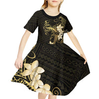 Black and Gold Hawaii Kid Short Sleeve Dress Hammerhead Shark Tattoo Curve Polynesian - Polynesian Pride