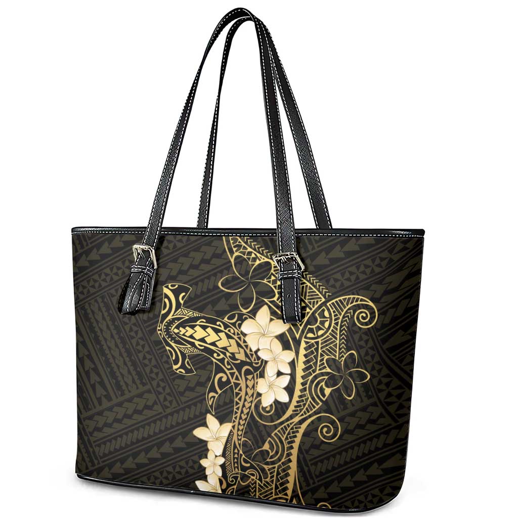 Black and Gold Hawaii Leather Tote Bag Hammerhead Shark Tattoo Curve Polynesian - Polynesian Pride