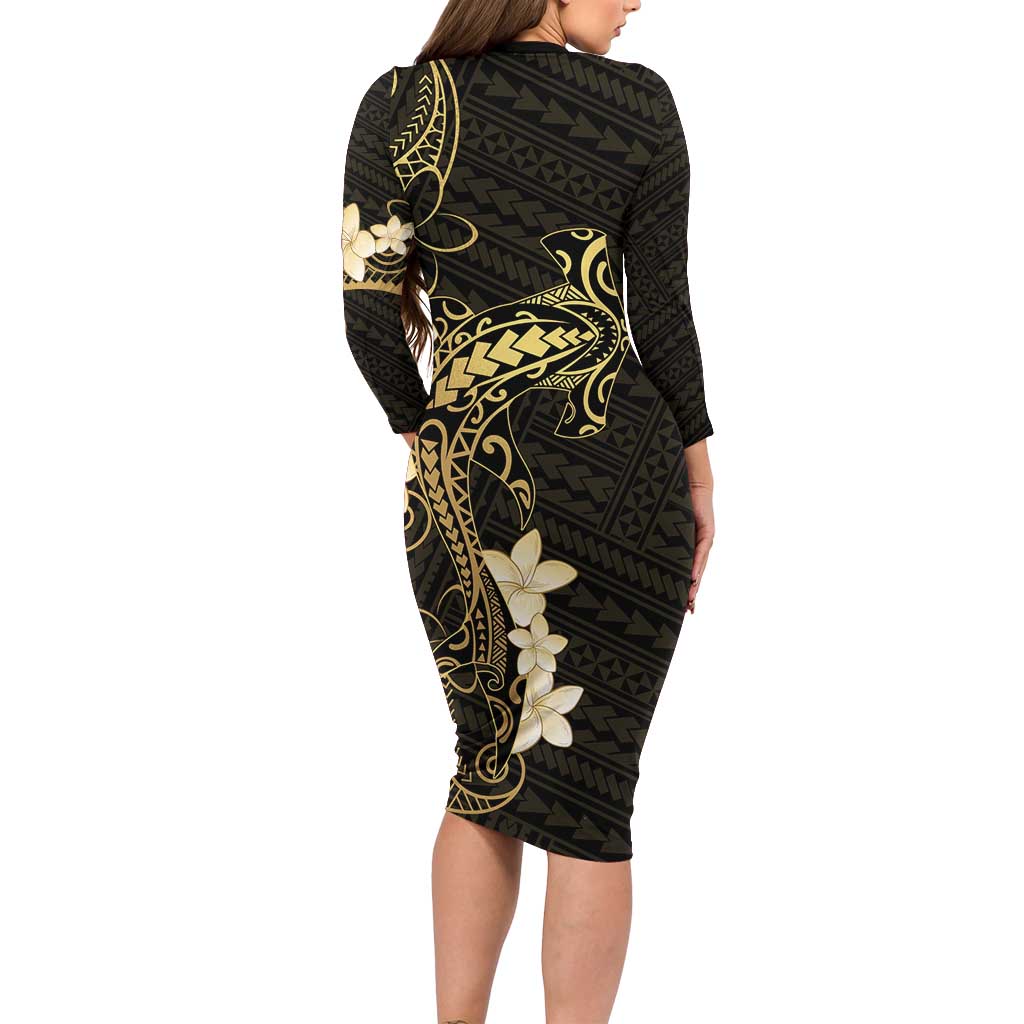 Black and Gold Hawaii Long Sleeve Bodycon Dress Hammerhead Shark Tattoo Curve Polynesian - Polynesian Pride
