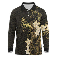 Black and Gold Hawaii Long Sleeve Polo Shirt Hammerhead Shark Tattoo Curve Polynesian - Polynesian Pride