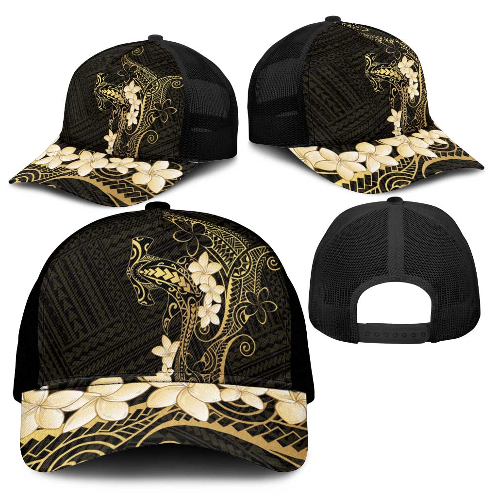 Black and Gold Hawaii Mesh Trucker Cap Hammerhead Shark Tattoo Curve Polynesian - Polynesian Pride