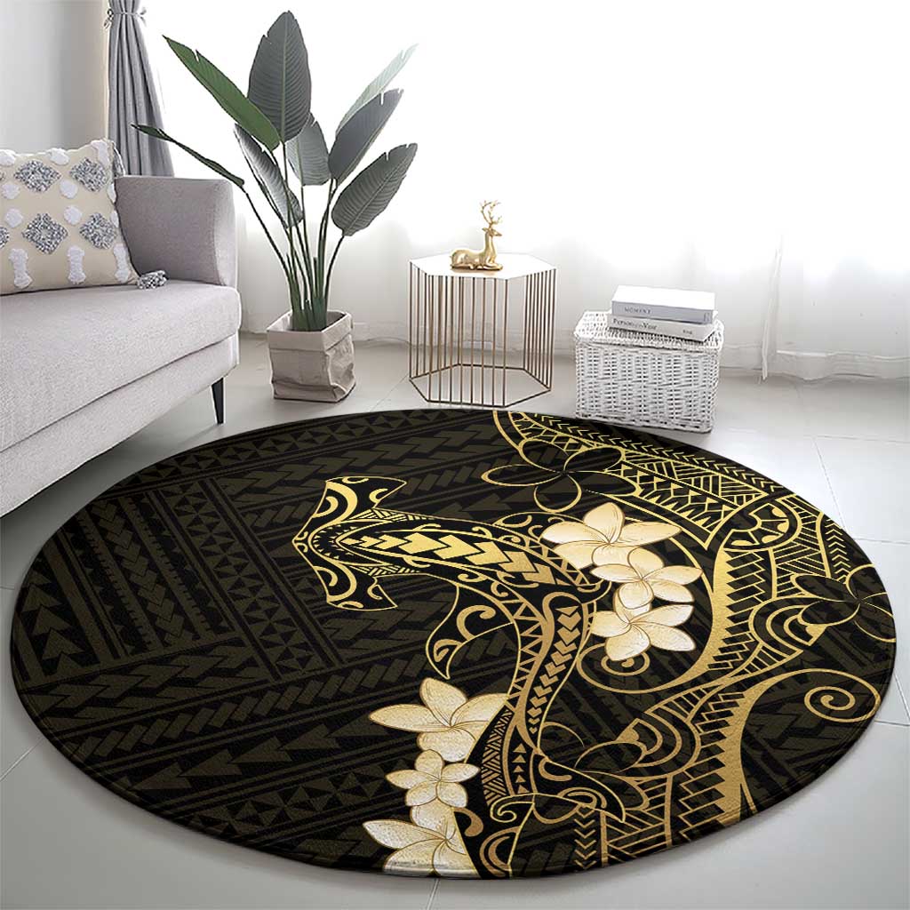 Black and Gold Hawaii Round Carpet Hammerhead Shark Tattoo Curve Polynesian - Polynesian Pride