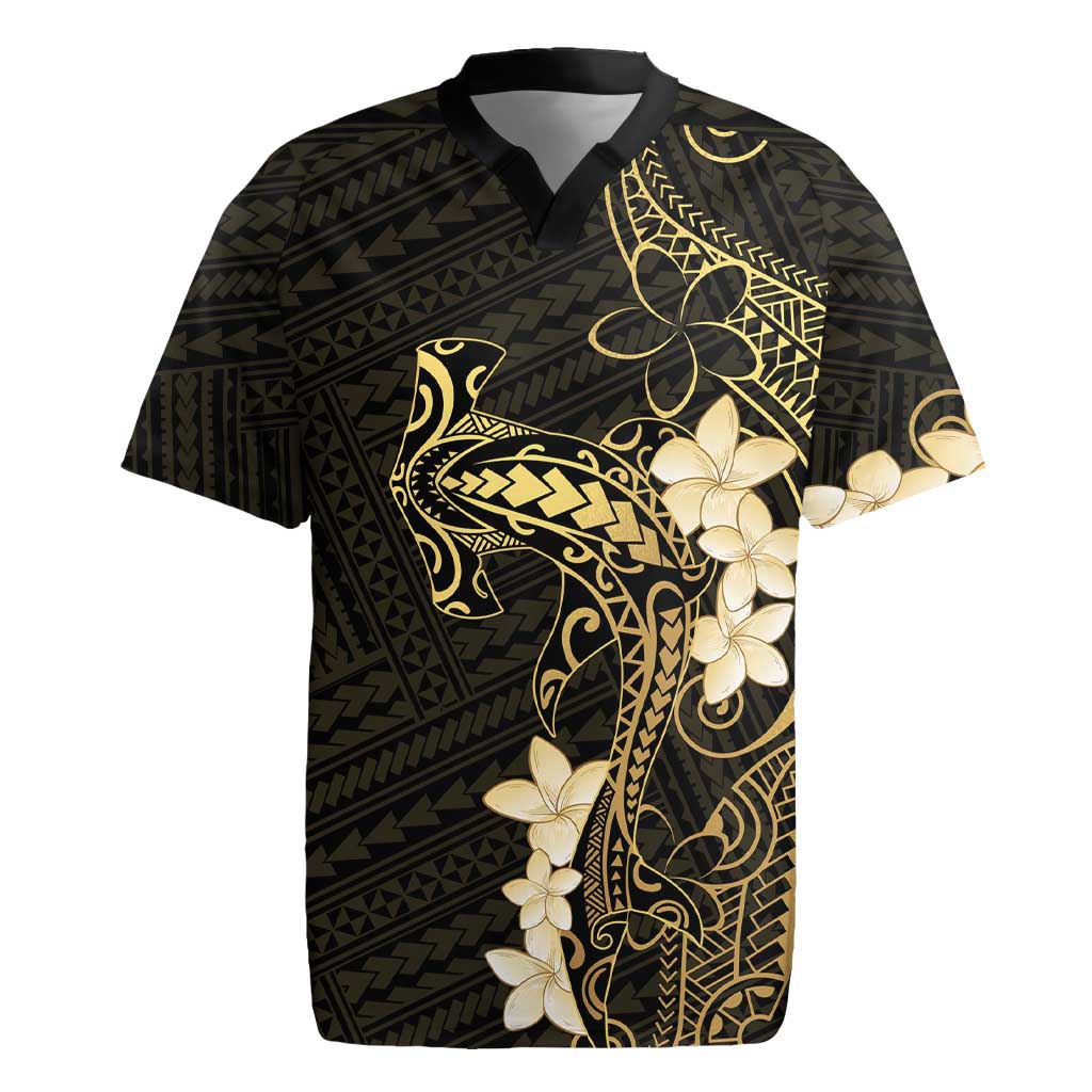 Black and Gold Hawaii Rugby Jersey Hammerhead Shark Tattoo Curve Polynesian - Polynesian Pride