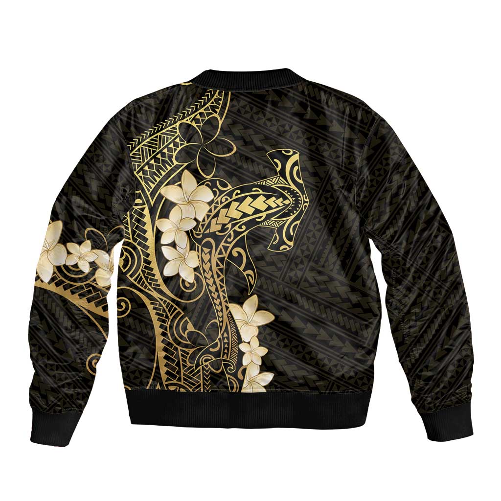 Black and Gold Hawaii Sleeve Zip Bomber Jacket Hammerhead Shark Tattoo Curve Polynesian - Polynesian Pride