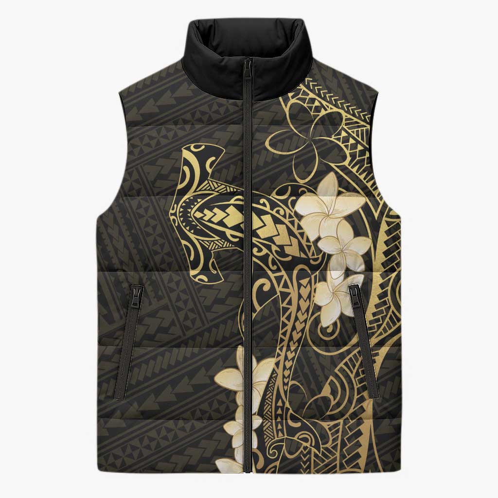 Black and Gold Hawaii Sleeveless Puffer Jacket Hammerhead Shark Tattoo Curve Polynesian - Polynesian Pride