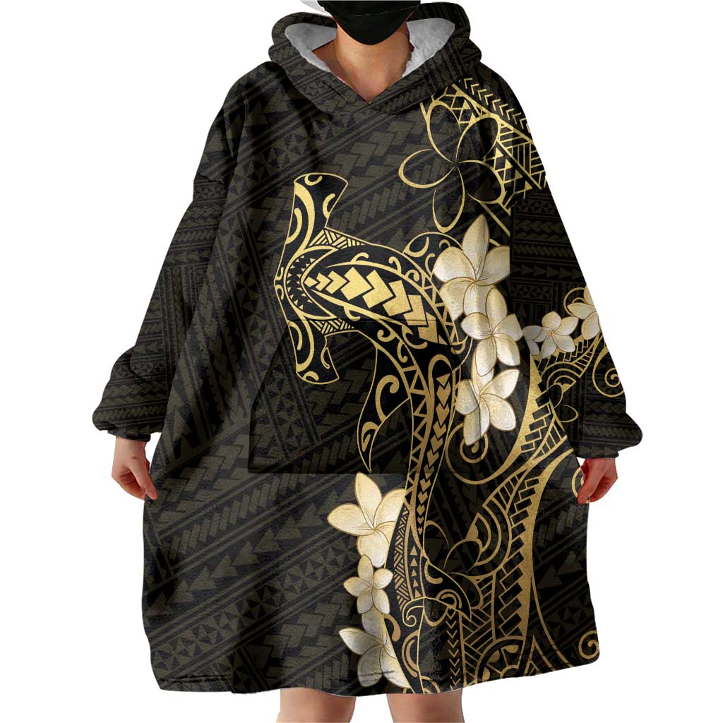 Black and Gold Hawaii Wearable Blanket Hoodie Hammerhead Shark Tattoo Curve Polynesian - Polynesian Pride