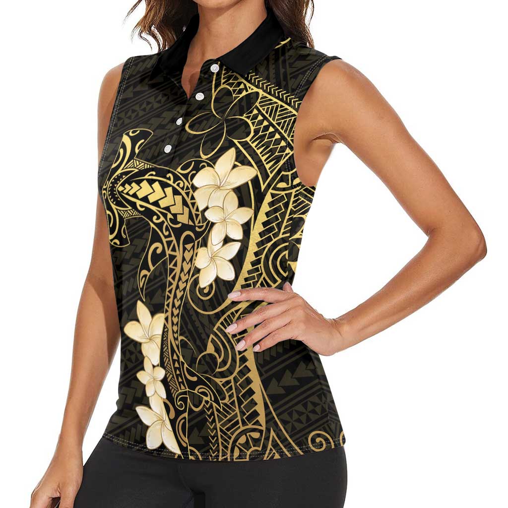 Black and Gold Hawaii Women Sleeveless Polo Shirt Hammerhead Shark Tattoo Curve Polynesian - Polynesian Pride