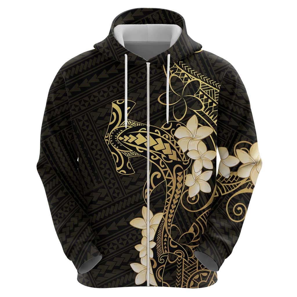 Black and Gold Hawaii Zip Hoodie Hammerhead Shark Tattoo Curve Polynesian - Polynesian Pride