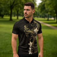 Black and Gold Hawaii Zipper Polo Shirt Hammerhead Shark Tattoo Curve Polynesian - Polynesian Pride