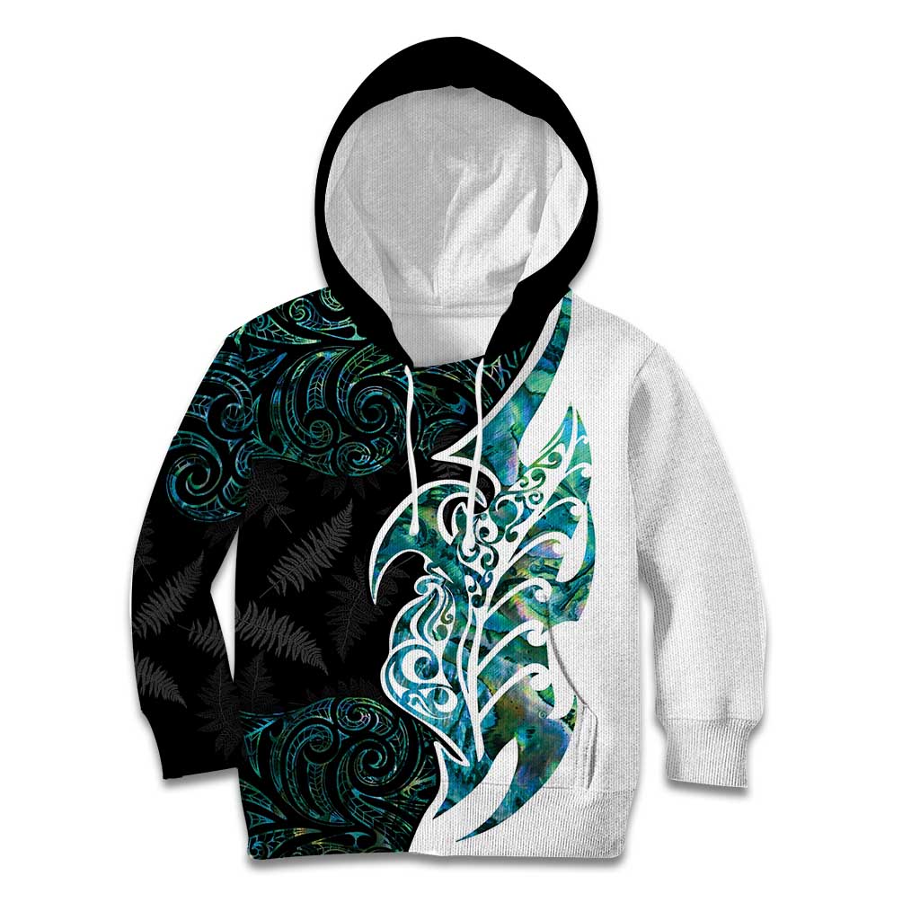 Proud Aotearoa Kid Hoodie Maori Silver Fern Mix Paua Shell Pattern LT14 Hoodie Black - Polynesian Pride