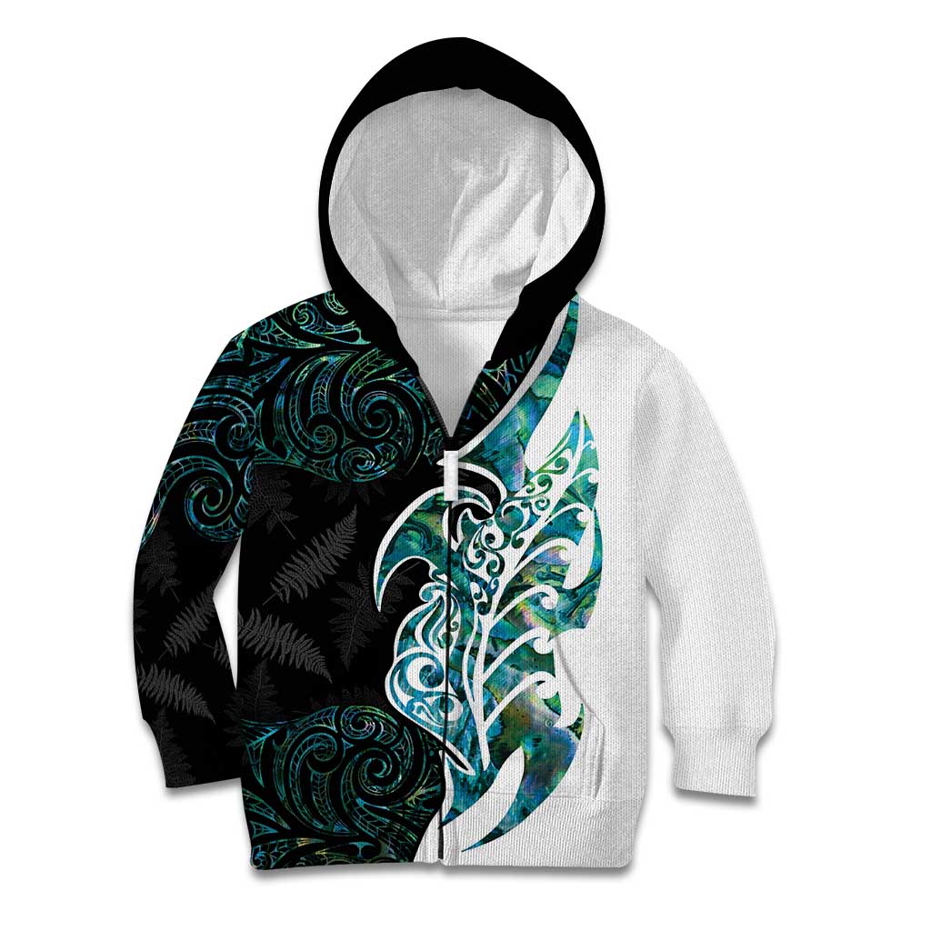 Proud Aotearoa Kid Hoodie Maori Silver Fern Mix Paua Shell Pattern LT14 Zip Hoodie Black - Polynesian Pride