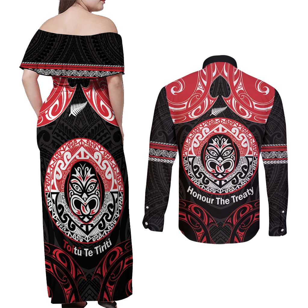 Aotearoa Toitu Te Tiriti Couples Matching Off Shoulder Maxi Dress and Long Sleeve Button Shirt Haka Tiki Honour The Treaty