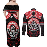 Aotearoa Toitu Te Tiriti Couples Matching Off Shoulder Maxi Dress and Long Sleeve Button Shirt Haka Tiki Honour The Treaty