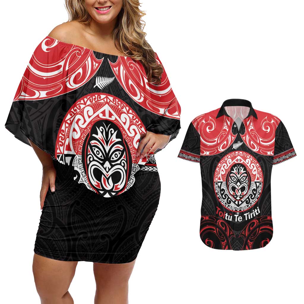 Aotearoa Toitu Te Tiriti Couples Matching Off Shoulder Short Dress and Hawaiian Shirt Haka Tiki Honour The Treaty