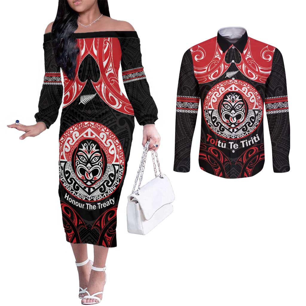 Aotearoa Toitu Te Tiriti Couples Matching Off The Shoulder Long Sleeve Dress and Long Sleeve Button Shirt Haka Tiki Honour The Treaty