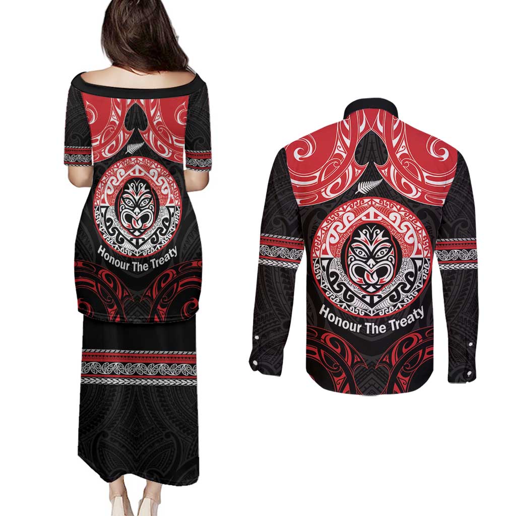 Aotearoa Toitu Te Tiriti Couples Matching Puletasi and Long Sleeve Button Shirt Haka Tiki Honour The Treaty