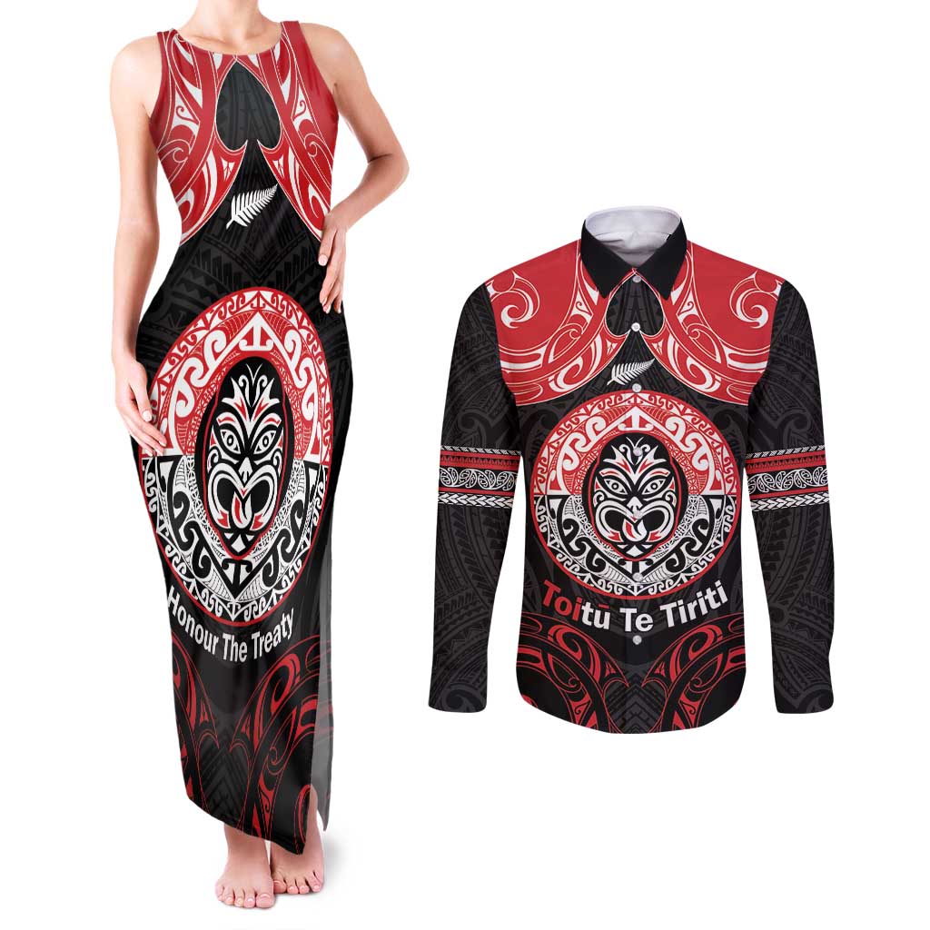 Aotearoa Toitu Te Tiriti Couples Matching Tank Maxi Dress and Long Sleeve Button Shirt Haka Tiki Honour The Treaty