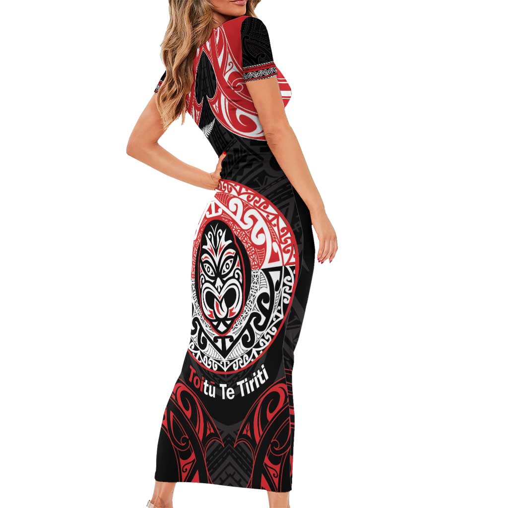 Aotearoa Toitu Te Tiriti Short Sleeve Bodycon Dress Haka Tiki Honour The Treaty