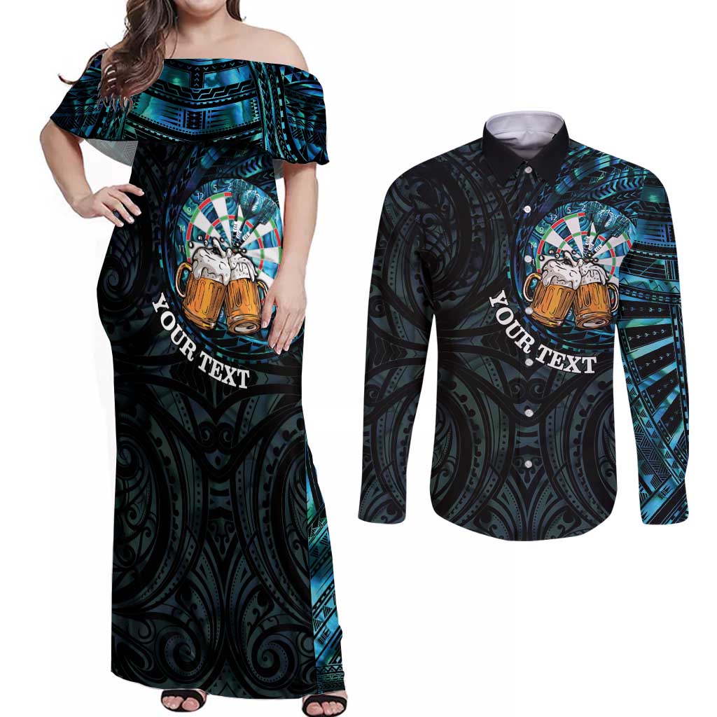 Personalized New Zealand Darts Beer Couples Matching Off Shoulder Maxi Dress and Long Sleeve Button Shirt Paua Shell Aotearoa Maori Tattoo LT14 Black - Polynesian Pride