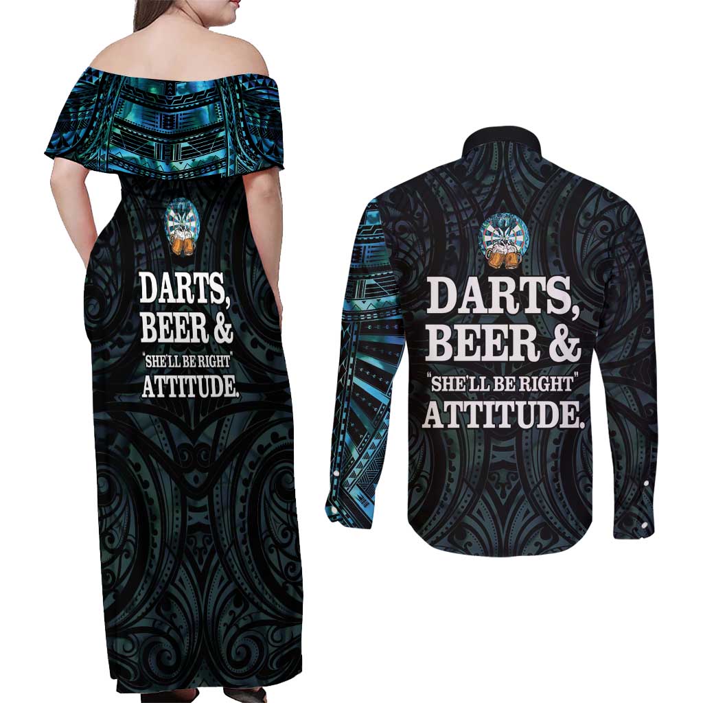 Personalized New Zealand Darts Beer Couples Matching Off Shoulder Maxi Dress and Long Sleeve Button Shirt Paua Shell Aotearoa Maori Tattoo LT14 - Polynesian Pride