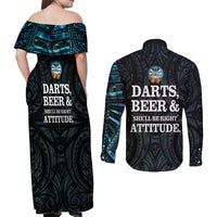 Personalized New Zealand Darts Beer Couples Matching Off Shoulder Maxi Dress and Long Sleeve Button Shirt Paua Shell Aotearoa Maori Tattoo LT14 - Polynesian Pride