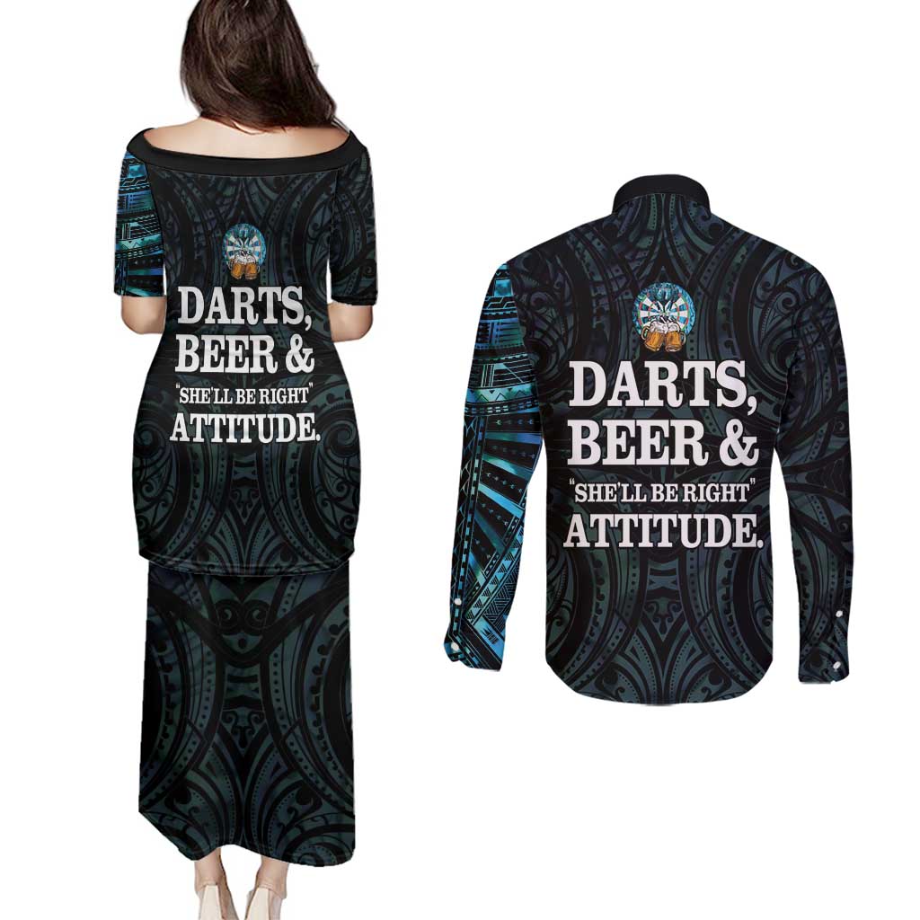 Personalized New Zealand Darts Beer Couples Matching Puletasi and Long Sleeve Button Shirt Paua Shell Aotearoa Maori Tattoo LT14 - Polynesian Pride