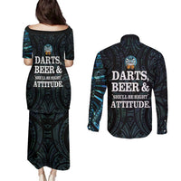 Personalized New Zealand Darts Beer Couples Matching Puletasi and Long Sleeve Button Shirt Paua Shell Aotearoa Maori Tattoo LT14 - Polynesian Pride