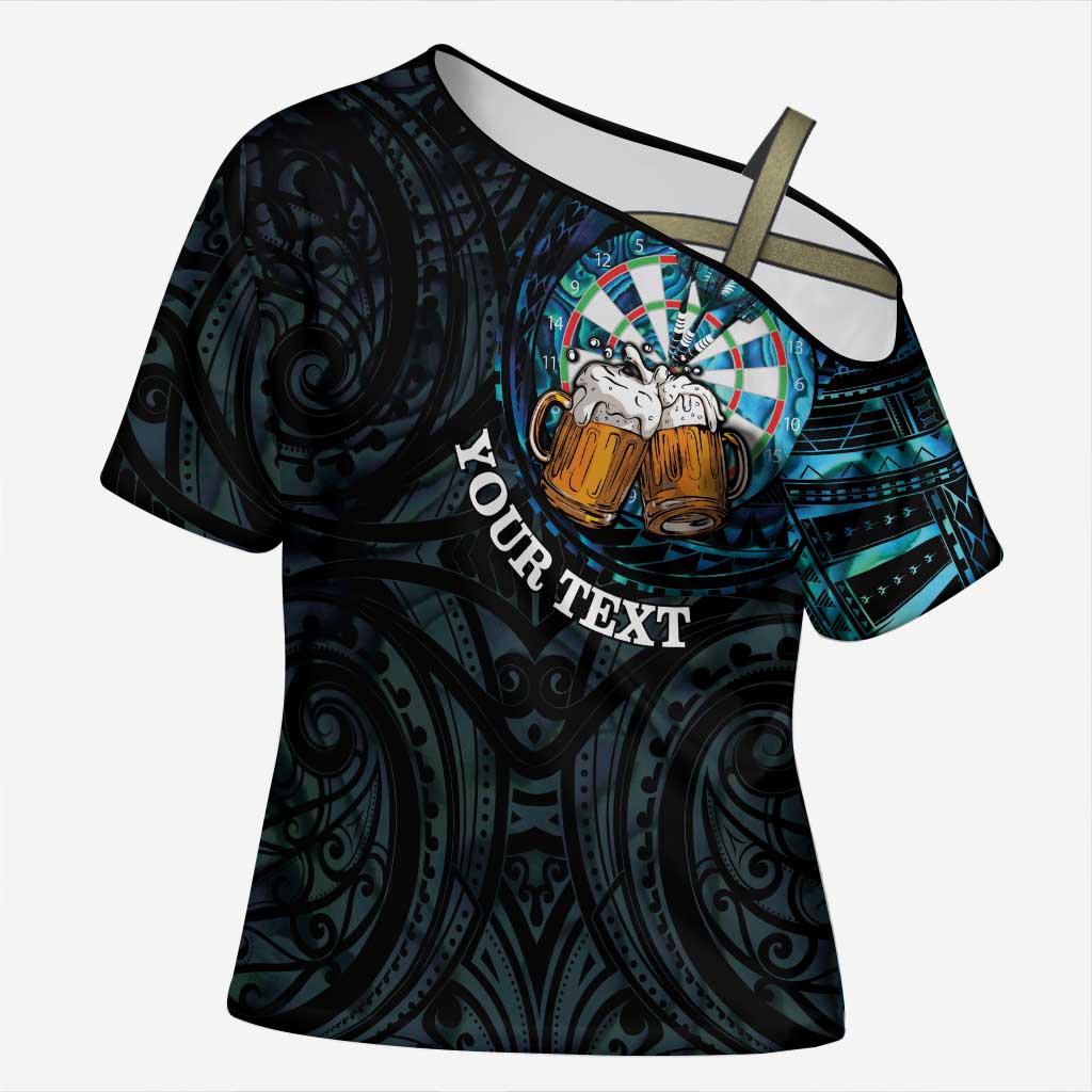 Personalized New Zealand Darts Beer Cross Shoulder Shirt Paua Shell Aotearoa Maori Tattoo LT14 Female Black - Polynesian Pride