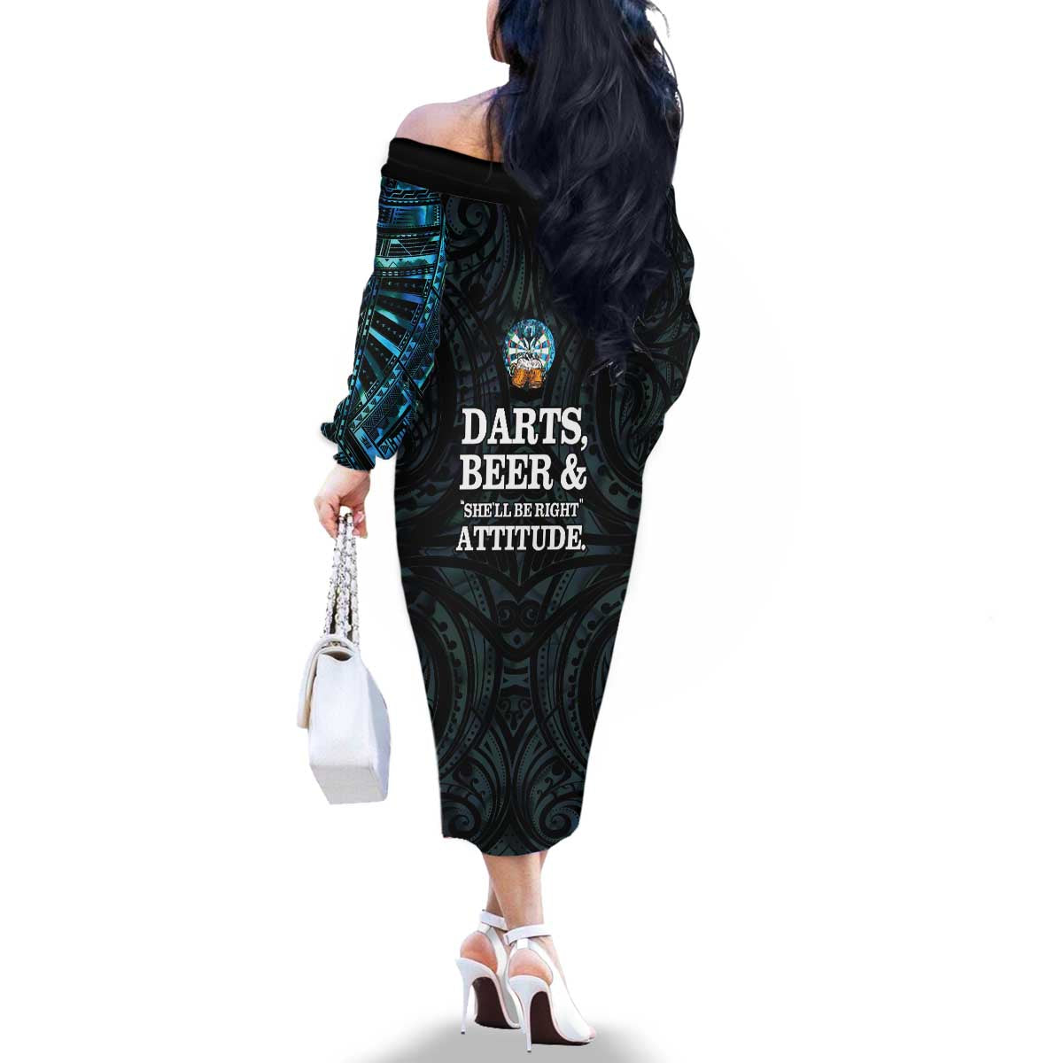Personalized New Zealand Darts Beer Family Matching Off The Shoulder Long Sleeve Dress and Hawaiian Shirt Paua Shell Aotearoa Maori Tattoo - Polynesian Pride