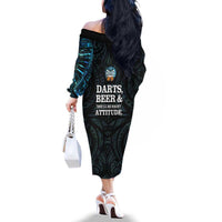 Personalized New Zealand Darts Beer Family Matching Off The Shoulder Long Sleeve Dress and Hawaiian Shirt Paua Shell Aotearoa Maori Tattoo - Polynesian Pride