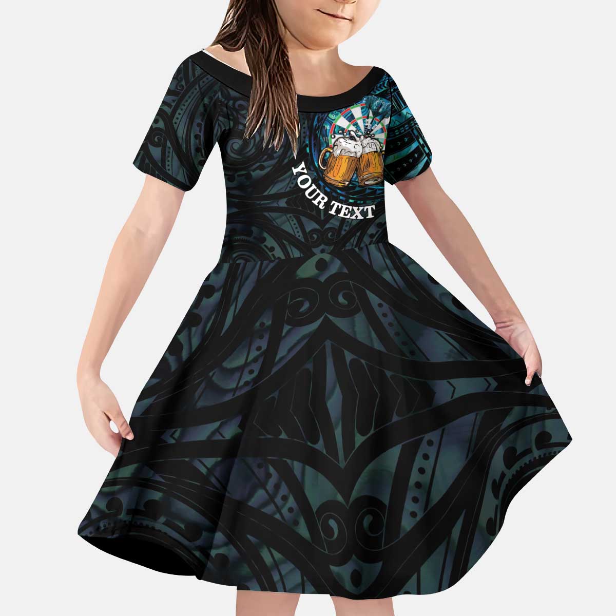 Personalized New Zealand Darts Beer Kid Short Sleeve Dress Paua Shell Aotearoa Maori Tattoo - Polynesian Pride