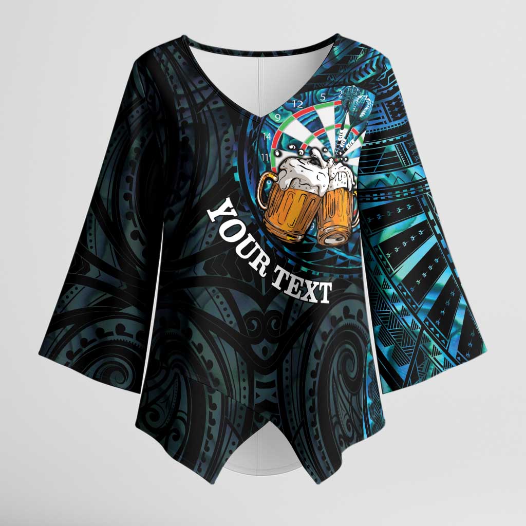 Personalized New Zealand Darts Beer Kimono Sleeve Blouse Paua Shell Aotearoa Maori Tattoo LT14 Female Black - Polynesian Pride