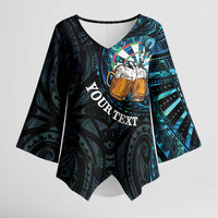 Personalized New Zealand Darts Beer Kimono Sleeve Blouse Paua Shell Aotearoa Maori Tattoo LT14 Female Black - Polynesian Pride